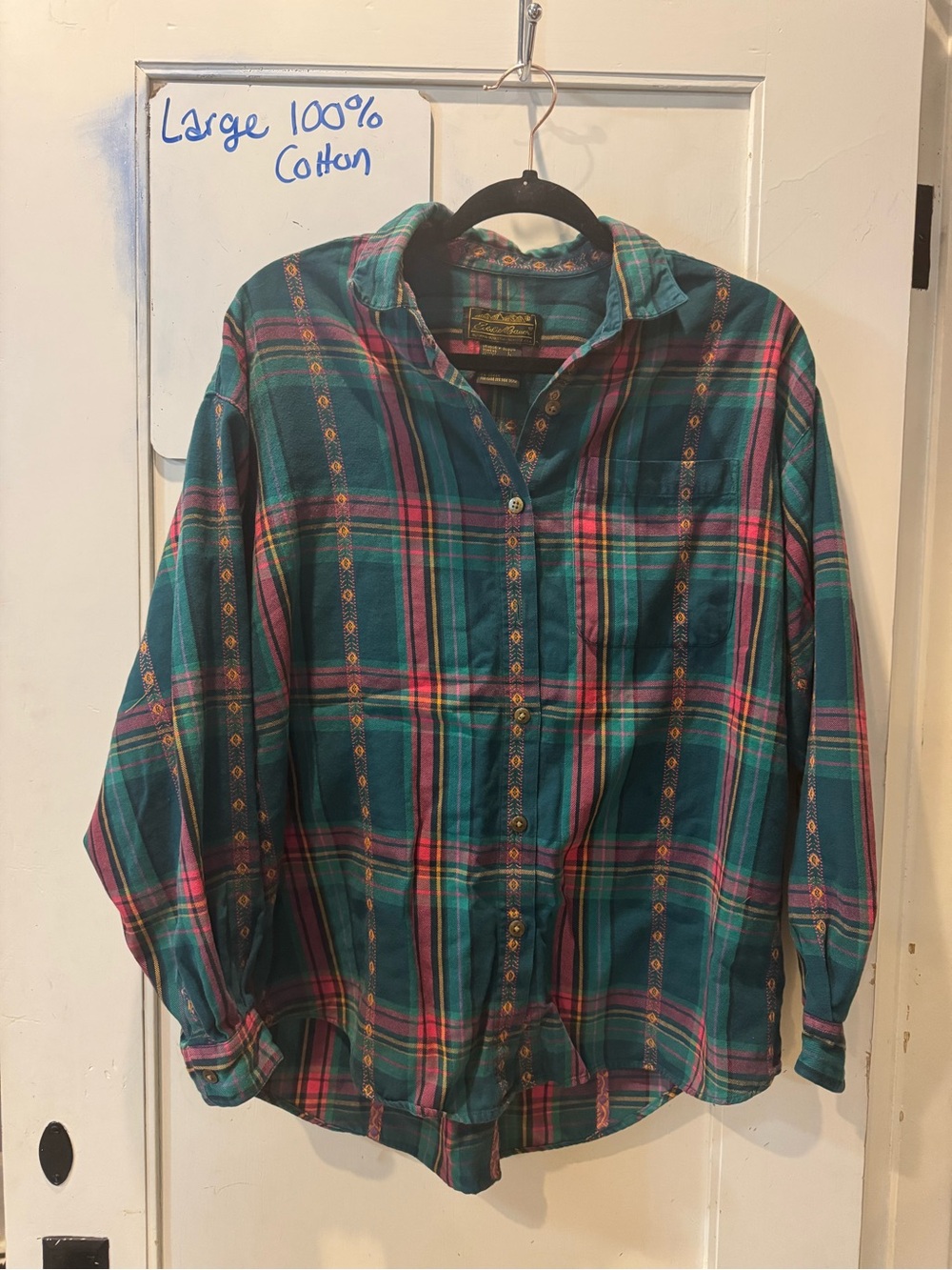 100% cotton, vintage Eddie Bauer Teal and Pink Plaid Button-Down Shirt